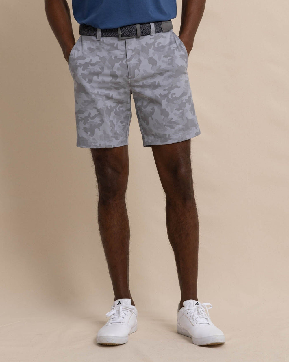 The front view of the Southern Tide brrr die Island Camo Printed Short by Southern Tide - Ultimate Grey