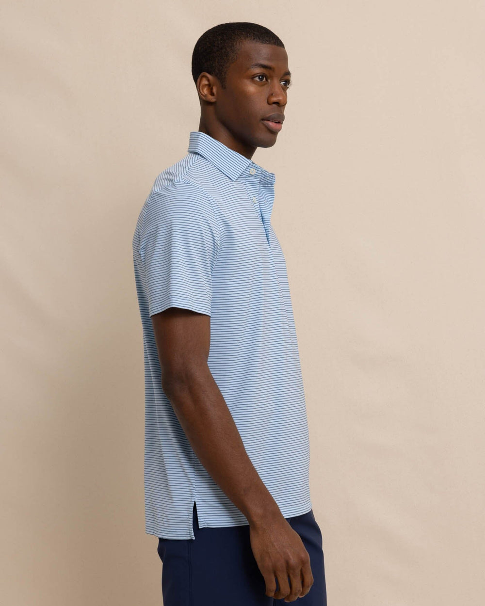 The front view of the Southern Tide brrr-eeze Baytop Stripe Performance Polo by Southern Tide - Clearwater Blue