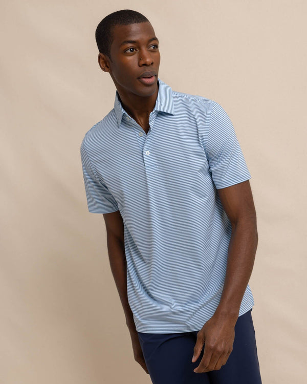 The front view of the Southern Tide brrr-eeze Baytop Stripe Performance Polo by Southern Tide - Clearwater Blue