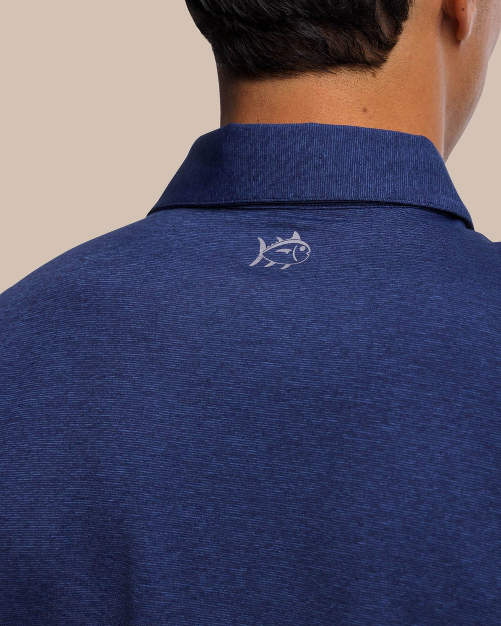The yoke view of the brrr°®-eeze Heather Performance Polo Shirt by Southern Tide - Heather Nautical Navy