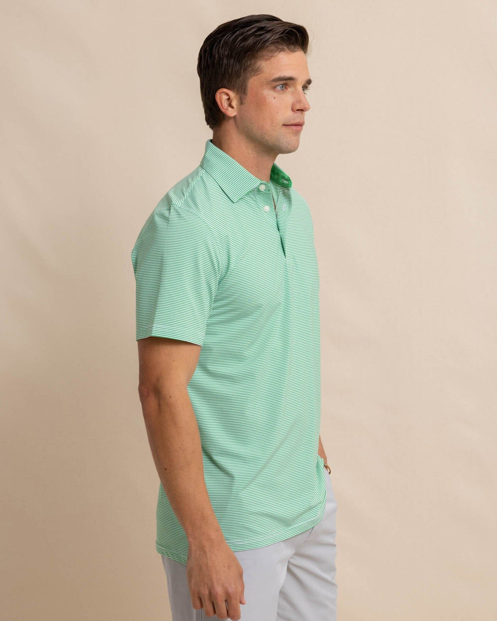 The front view of the Southern Tide brrr-eeze-meadowbrook-stripe-polo by Southern Tide - Lawn Green