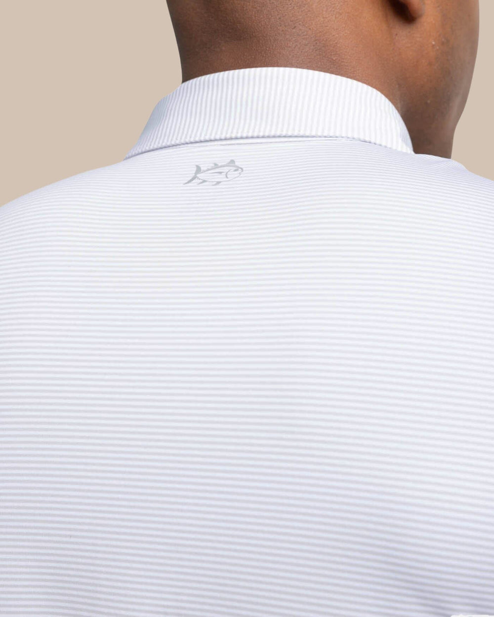 The detail view of the Southern Tide brrr-eeze Meadowbrook Stripe Polo by Southern Tide - Platinum Grey