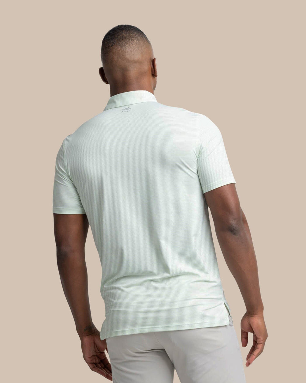 The back view of the Southern Tide brrr-eeze Meadowbrook Stripe Polo by Southern Tide - Smoke Green