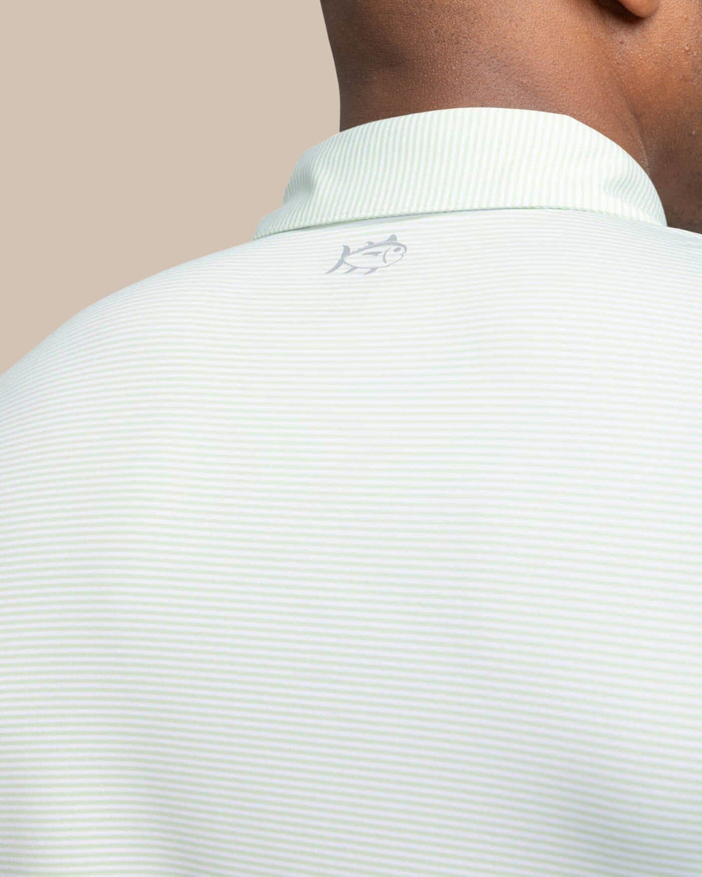 The detail view of the Southern Tide brrr-eeze Meadowbrook Stripe Polo by Southern Tide - Smoke Green