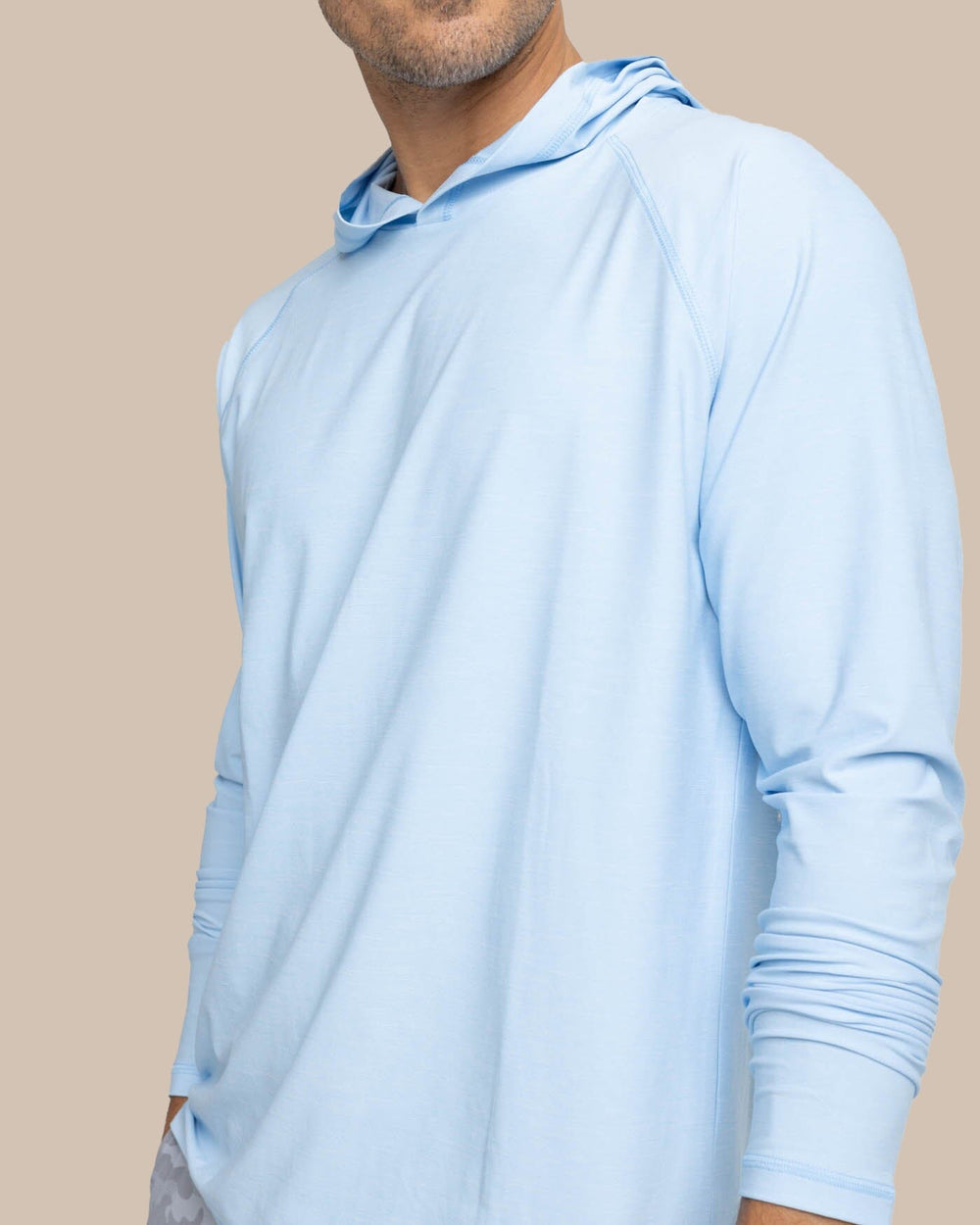 The detail view of the Southern Tide brrr illiant Performance Hoodie by Southern Tide - Clearwater Blue