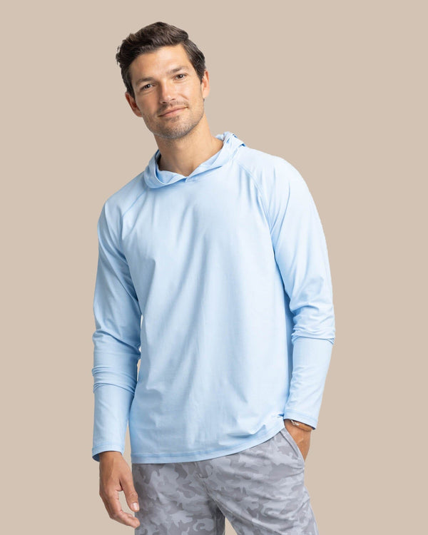 The front view of the Southern Tide brrr illiant Performance Hoodie by Southern Tide - Clearwater Blue