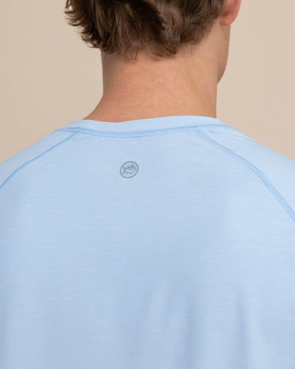 The detail view of the Southern Tide brrr illiant Performance Long Sleeve T-Shirt by Southern Tide - Clearwater Blue