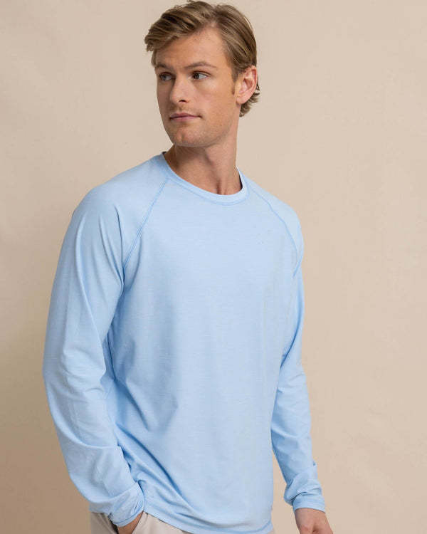 The front view of the Southern Tide brrr illiant Performance Long Sleeve T-Shirt by Southern Tide - Clearwater Blue