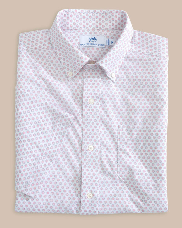 The front view of the Southern Tide brrr Intercoastal Floral To See Short Sleeve Sportshirt by Southern Tide - Geranium Pink
