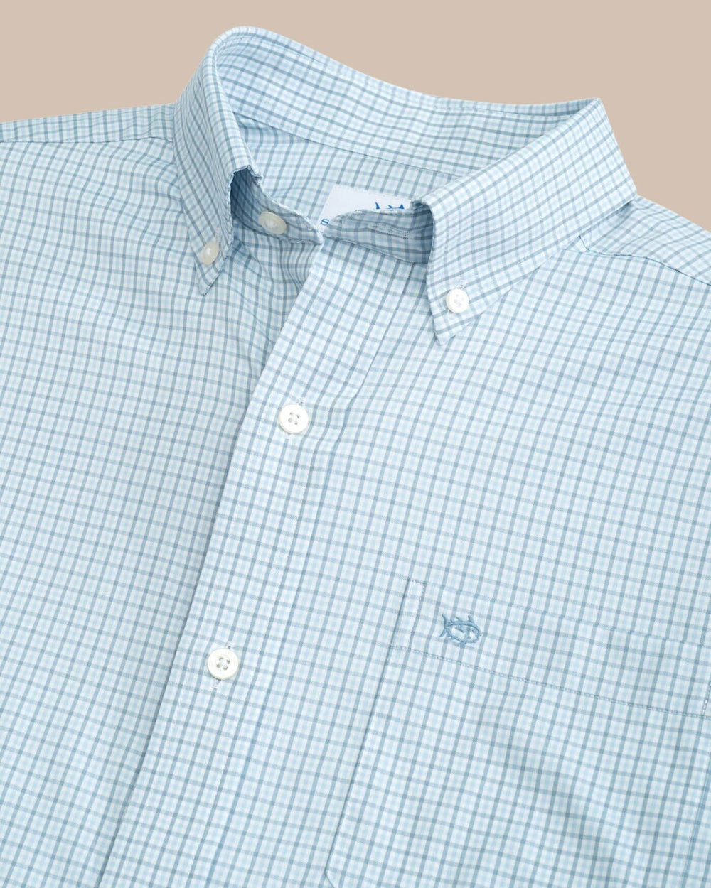 The detail view of the Southern Tide brrr Intercoastal McBee Check Long Sleeve Sportshirt by Southern Tide - Windward Blue