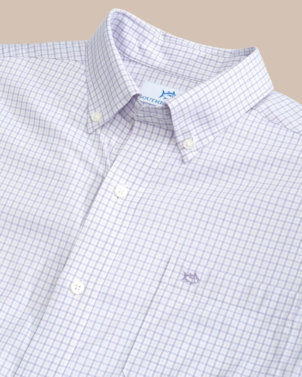 The detail view of the Southern Tide brrr Intercoastal McBee Check Long Sleeve Sportshirt by Southern Tide - Wisteria Purple