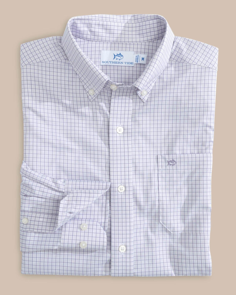 The front view of the Southern Tide brrr Intercoastal McBee Check Long Sleeve Sportshirt by Southern Tide - Wisteria Purple