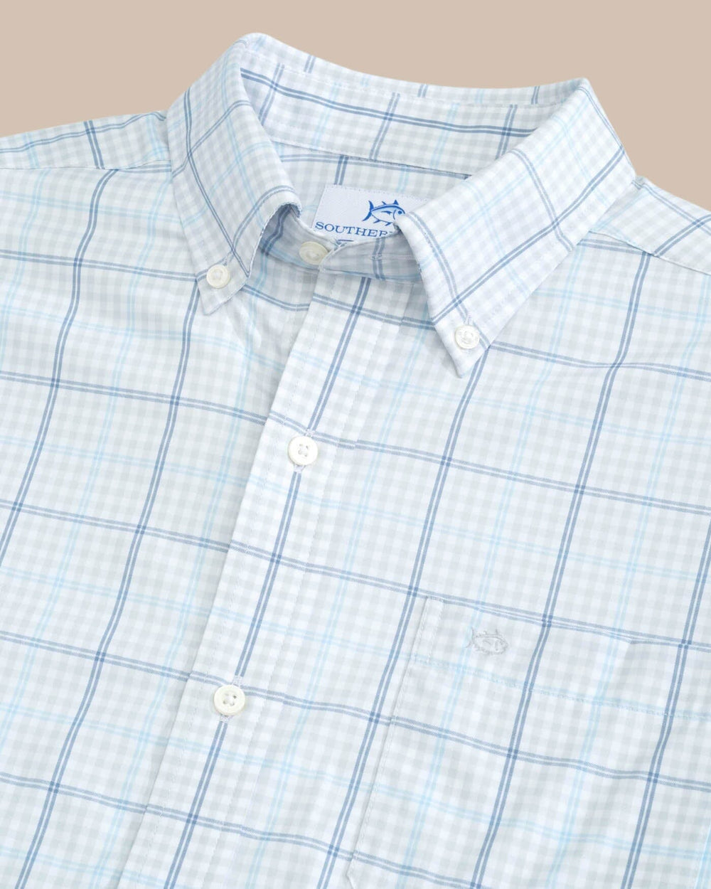 The detail view of the Southern Tide brrr Intercoastal Rainer Check Long Sleeve Sportshirt by Southern Tide - Platinum Grey