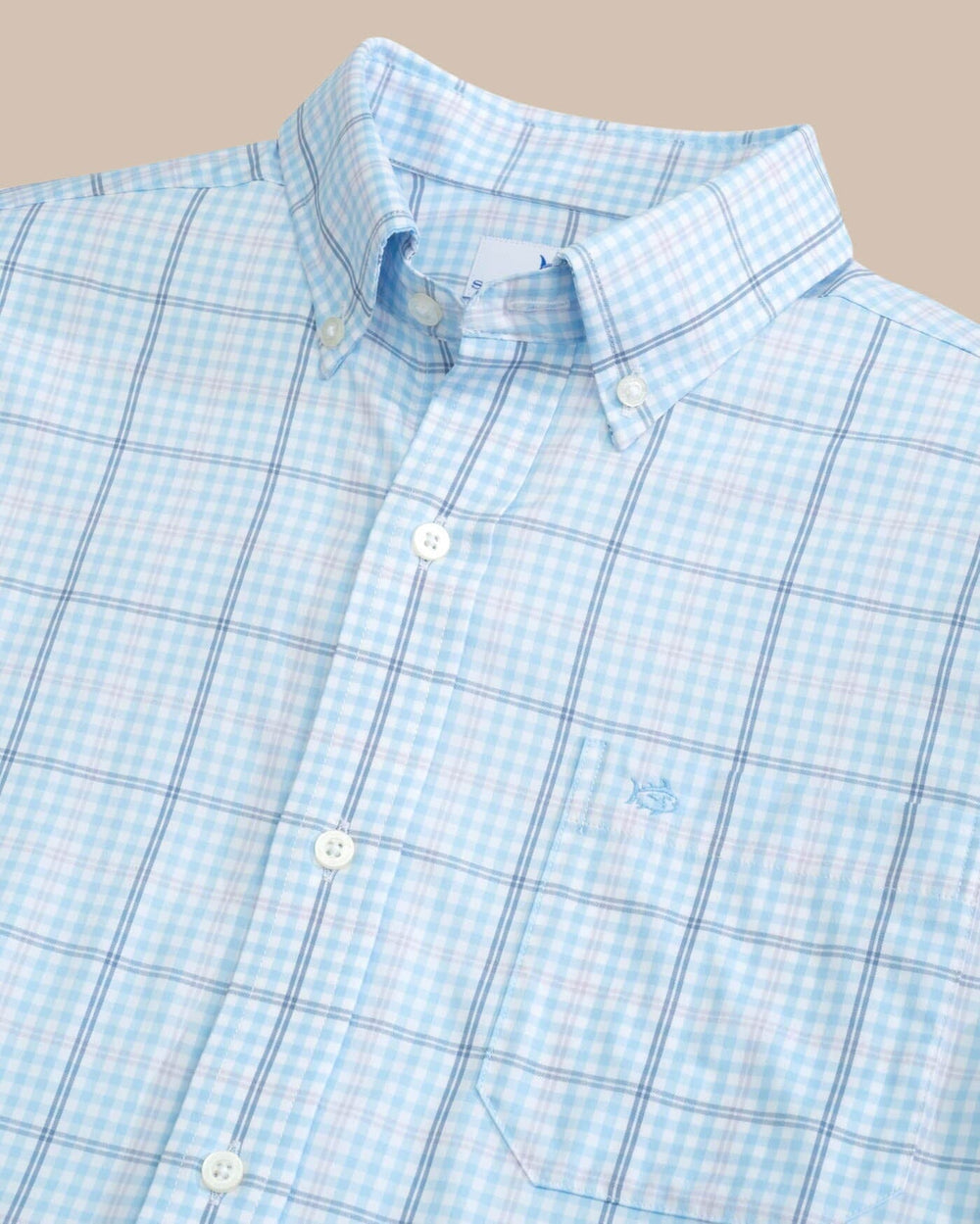 The detail view of the Southern Tide brrr Intercoastal Rainer Check Long Sleeve Sportshirt by Southern Tide - Clearwater Blue