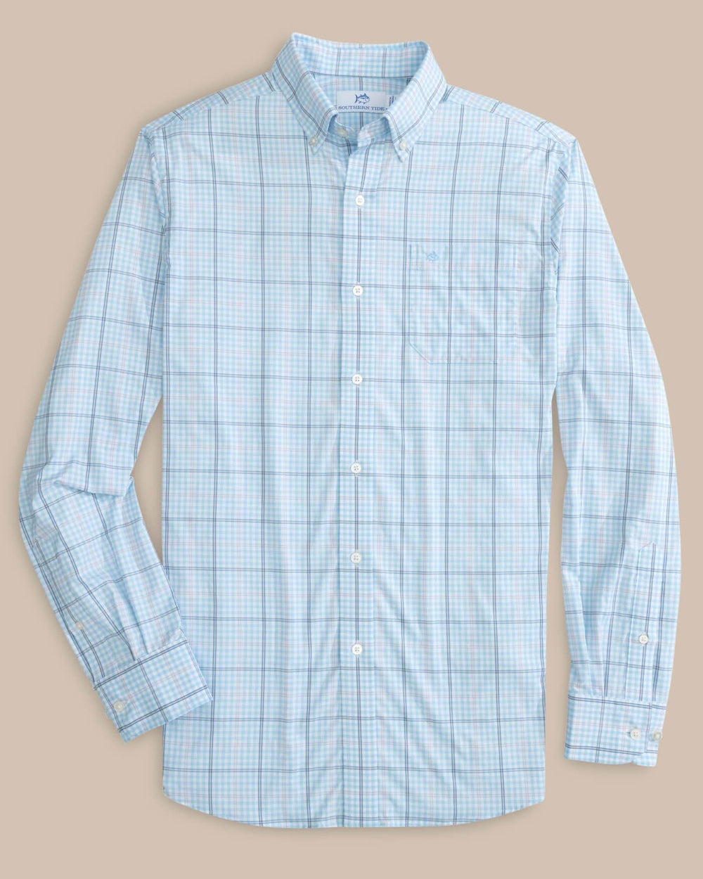 The front view of the Southern Tide brrr Intercoastal Rainer Check Long Sleeve Sportshirt by Southern Tide - Clearwater Blue