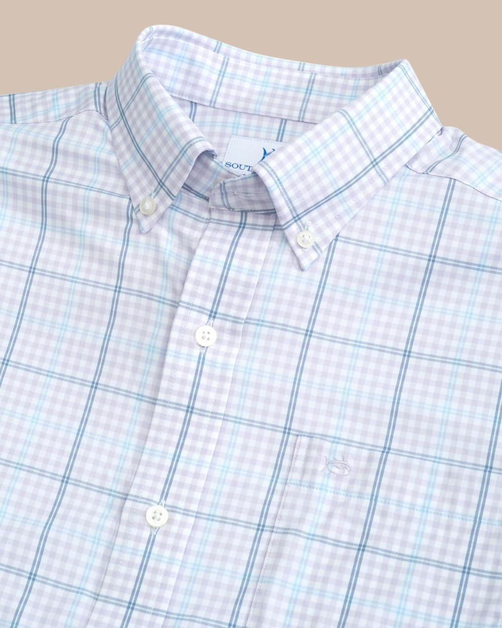 The detail view of the Southern Tide brrr Intercoastal Rainer Check Long Sleeve Sportshirt by Southern Tide - Orchid Petal