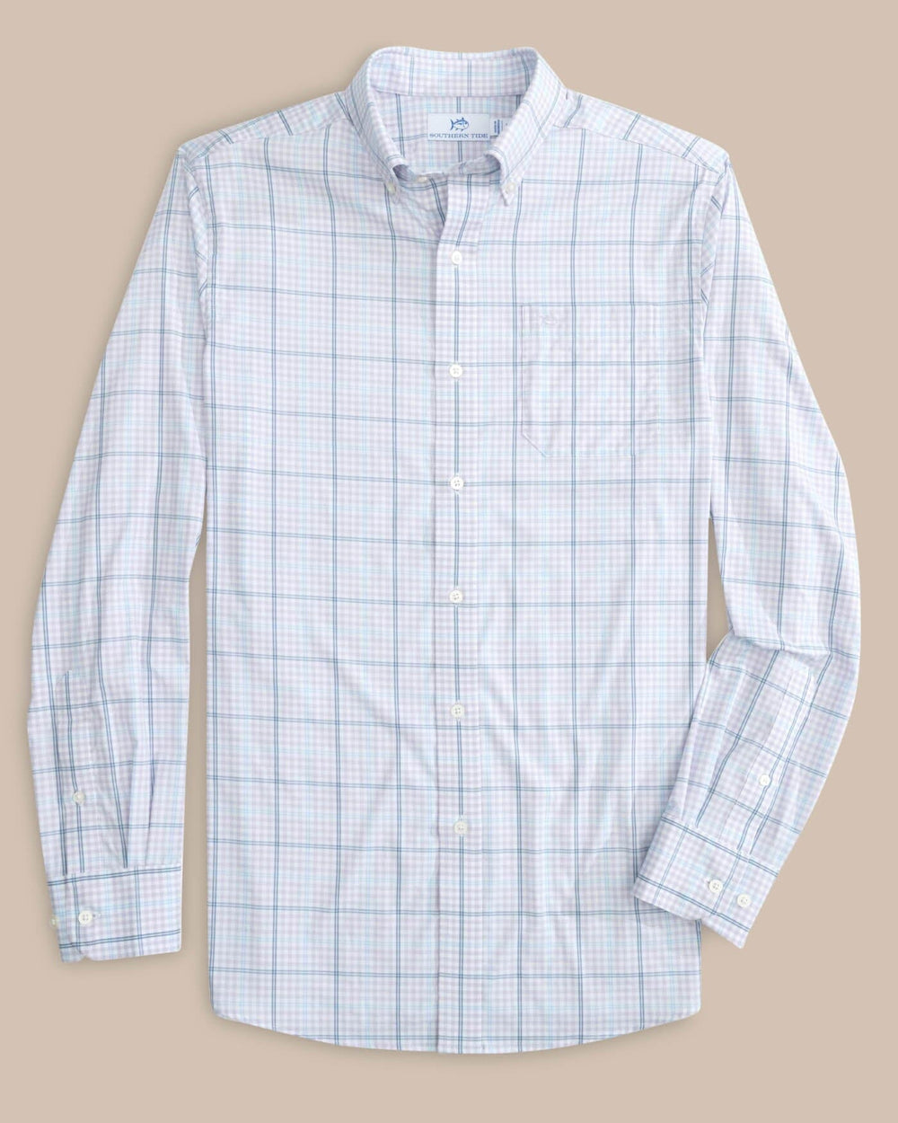 The front view of the Southern Tide brrr Intercoastal Rainer Check Long Sleeve Sportshirt by Southern Tide - Orchid Petal