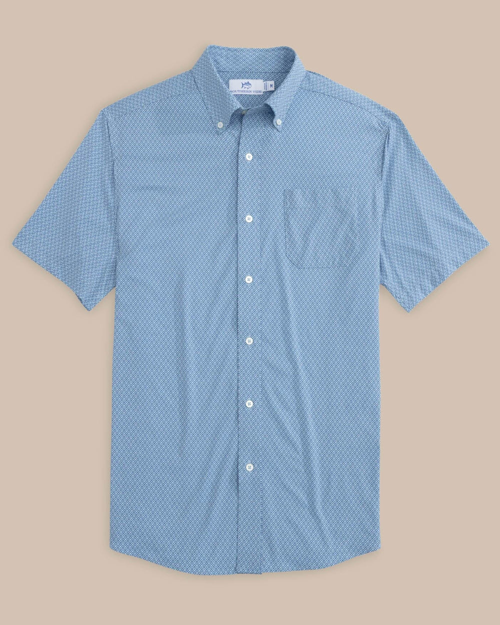 The front view of the Southern Tide brrr Intercoastal Retro Geo Short Sleeve Sportshirt by Southern Tide - Coronet Blue