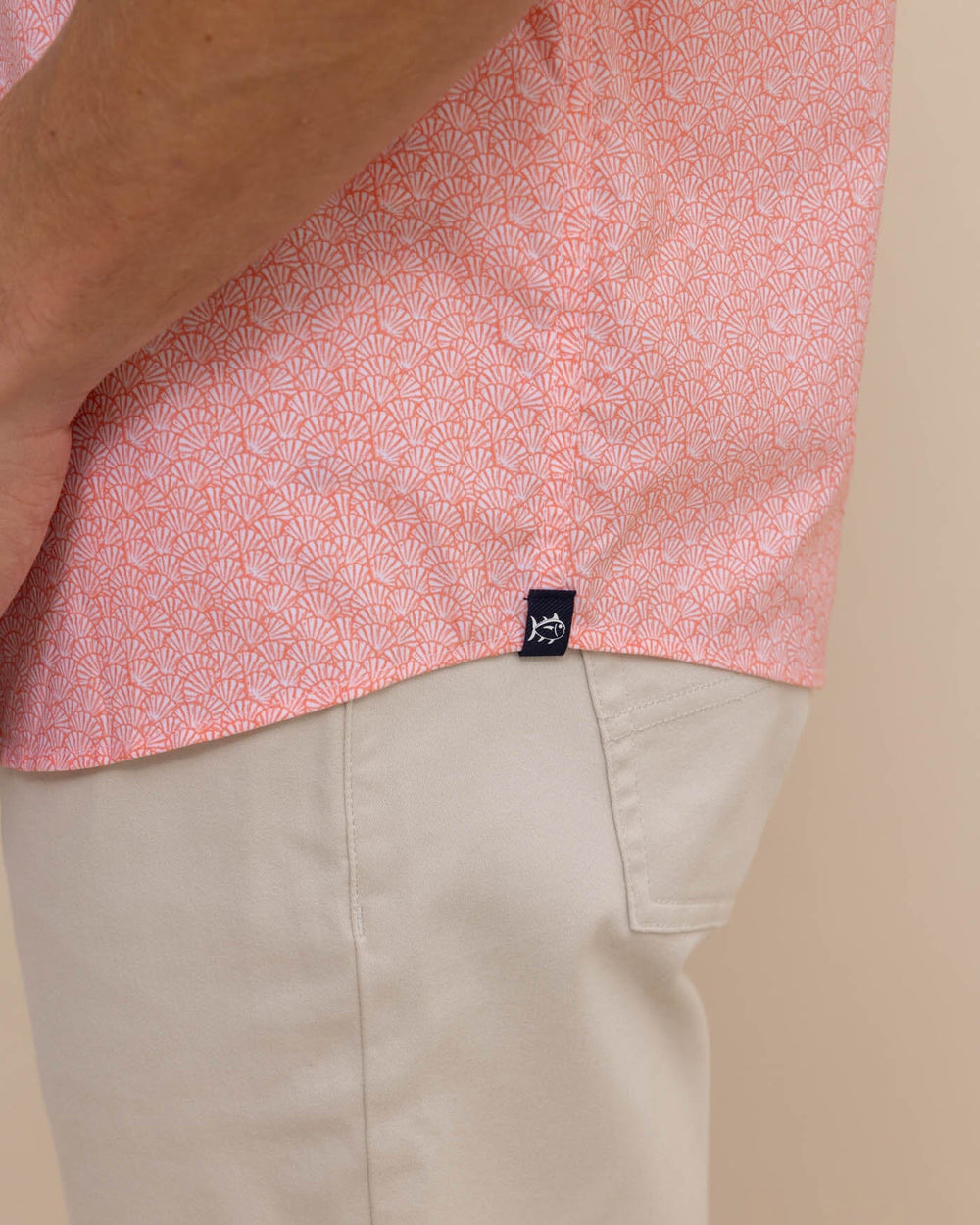 The detail view of the Southern Tide brrr Intercoastal What the Shell Short Sleeve Sportshirt by Southern Tide - Conch Shell