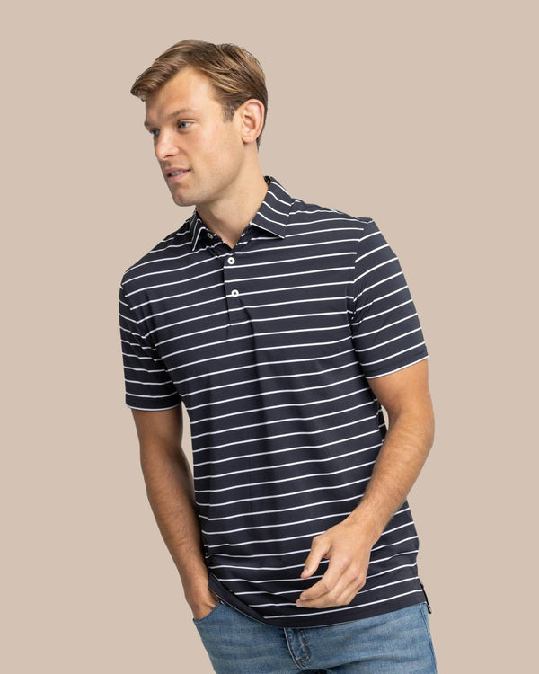 The front view of the Southern Tide brrr-eeze Desmond Stripe Performance Polo by Southern Tide - Black