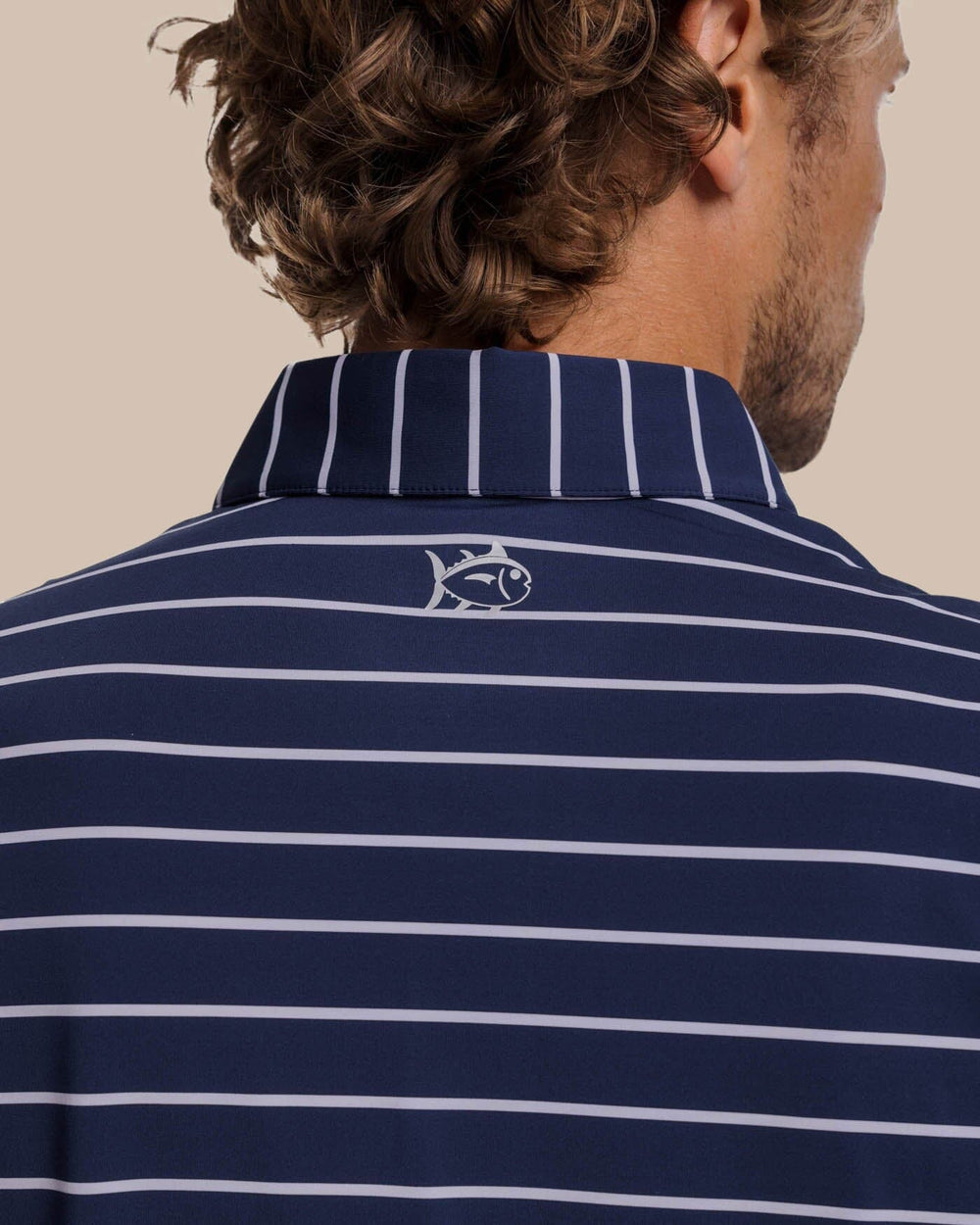 The yoke view of the Southern Tide brrr-eeze Desmond Stripe Performance Polo by Southern Tide - Navy