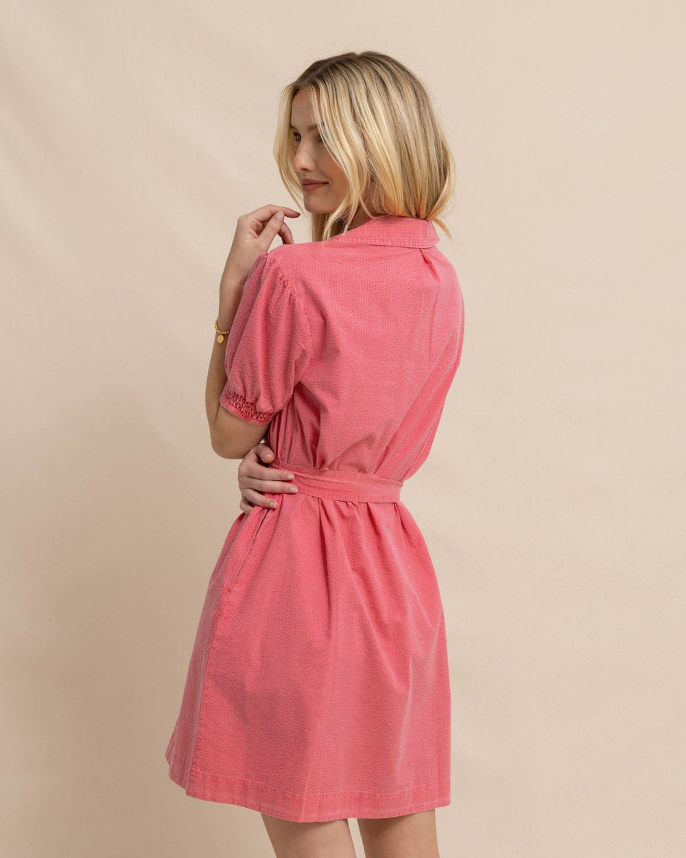 The back view of the Southern Tide Calan Washed Seersucker Dress by Southern Tide - Camelia Rose Pink