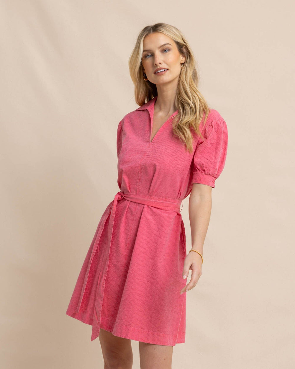 The front view of the Southern Tide Calan Washed Seersucker Dress by Southern Tide - Camelia Rose Pink
