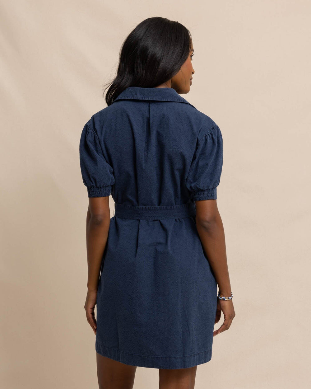 The back view of the Southern Tide Calan Washed Seersucker Dress by Southern Tide - Dress Blue