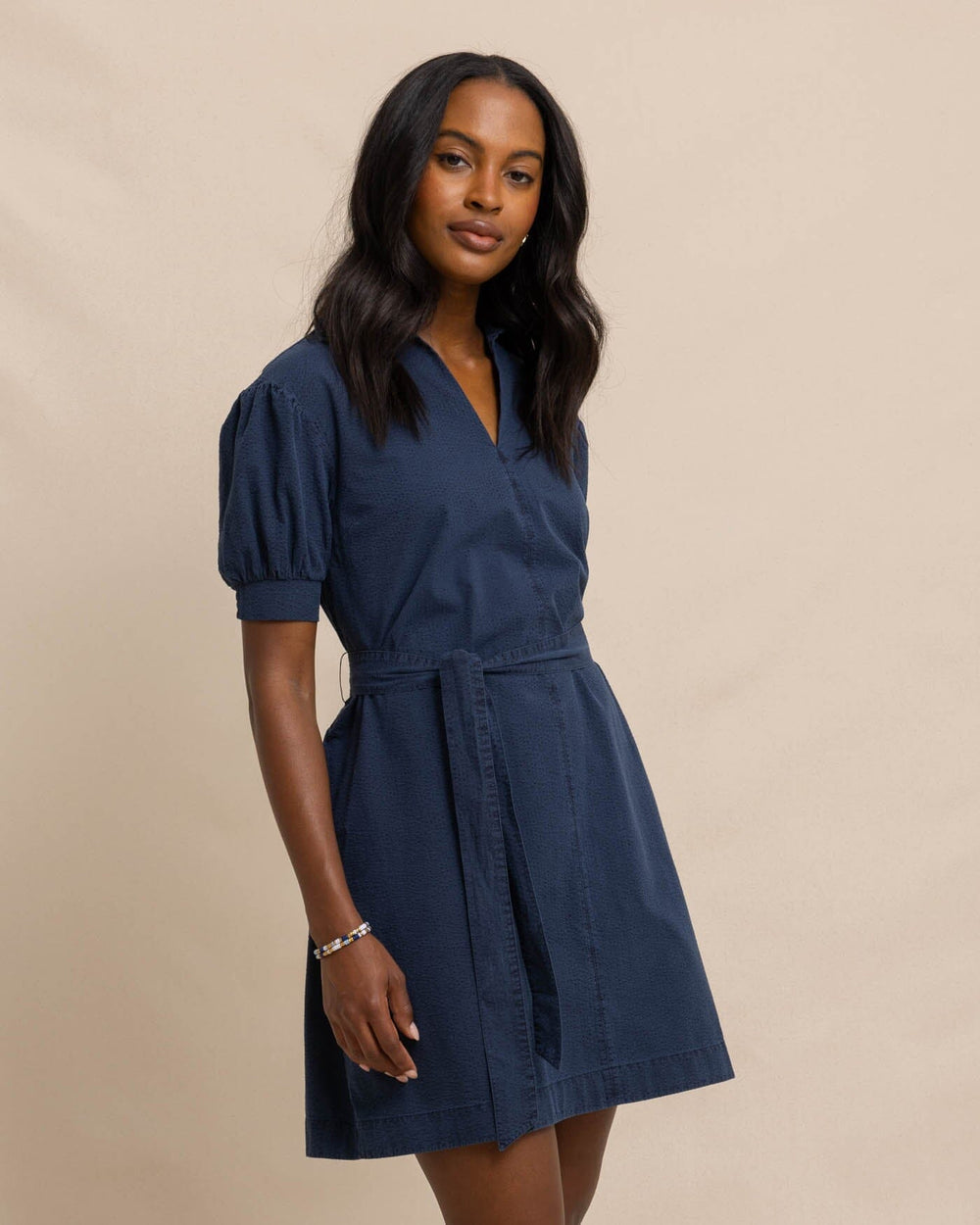 The front view of the Southern Tide Calan Washed Seersucker Dress by Southern Tide - Dress Blue