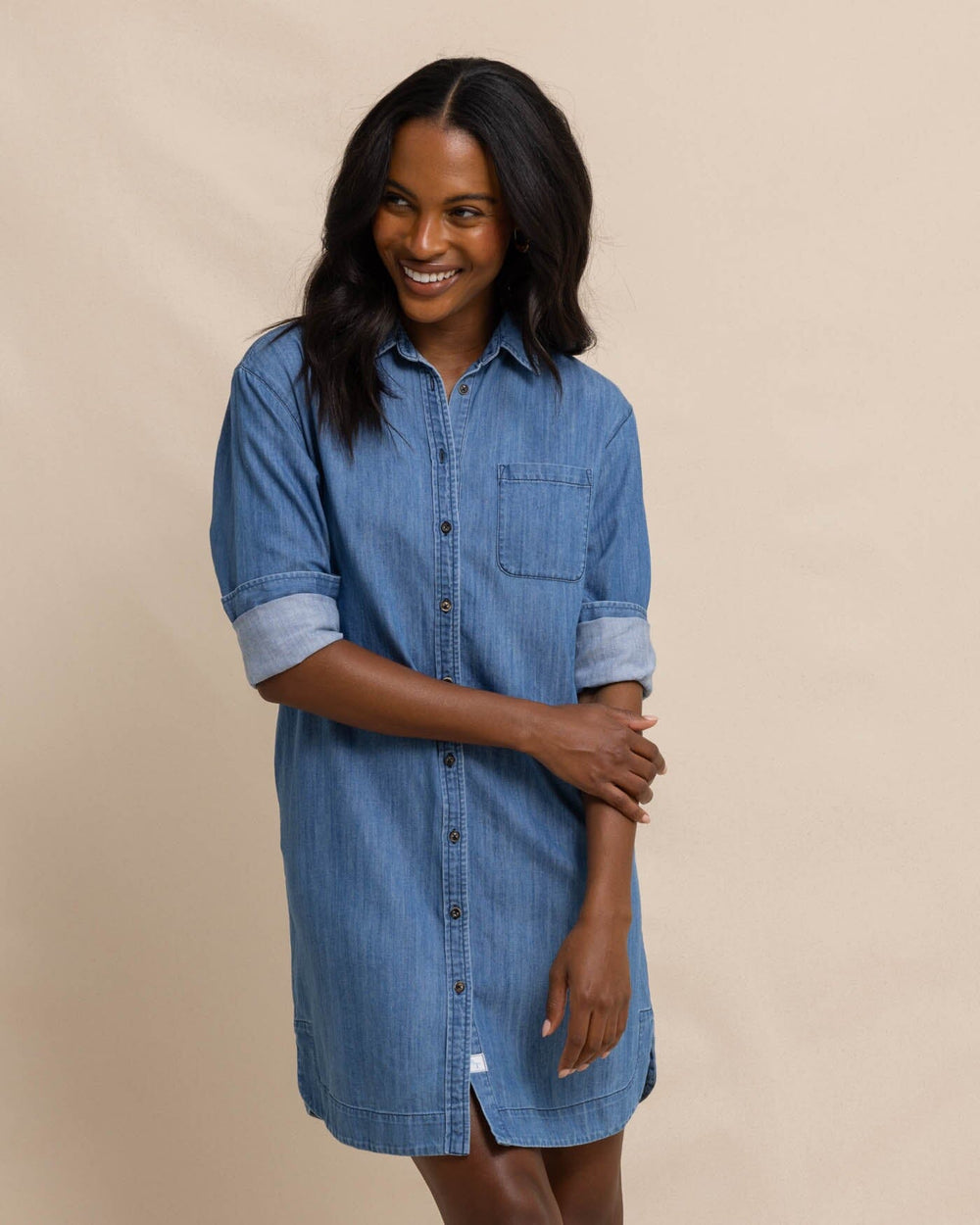 The front view of the Southern Tide Cam Denim Dress by Southern Tide - Medium Wash Indigo