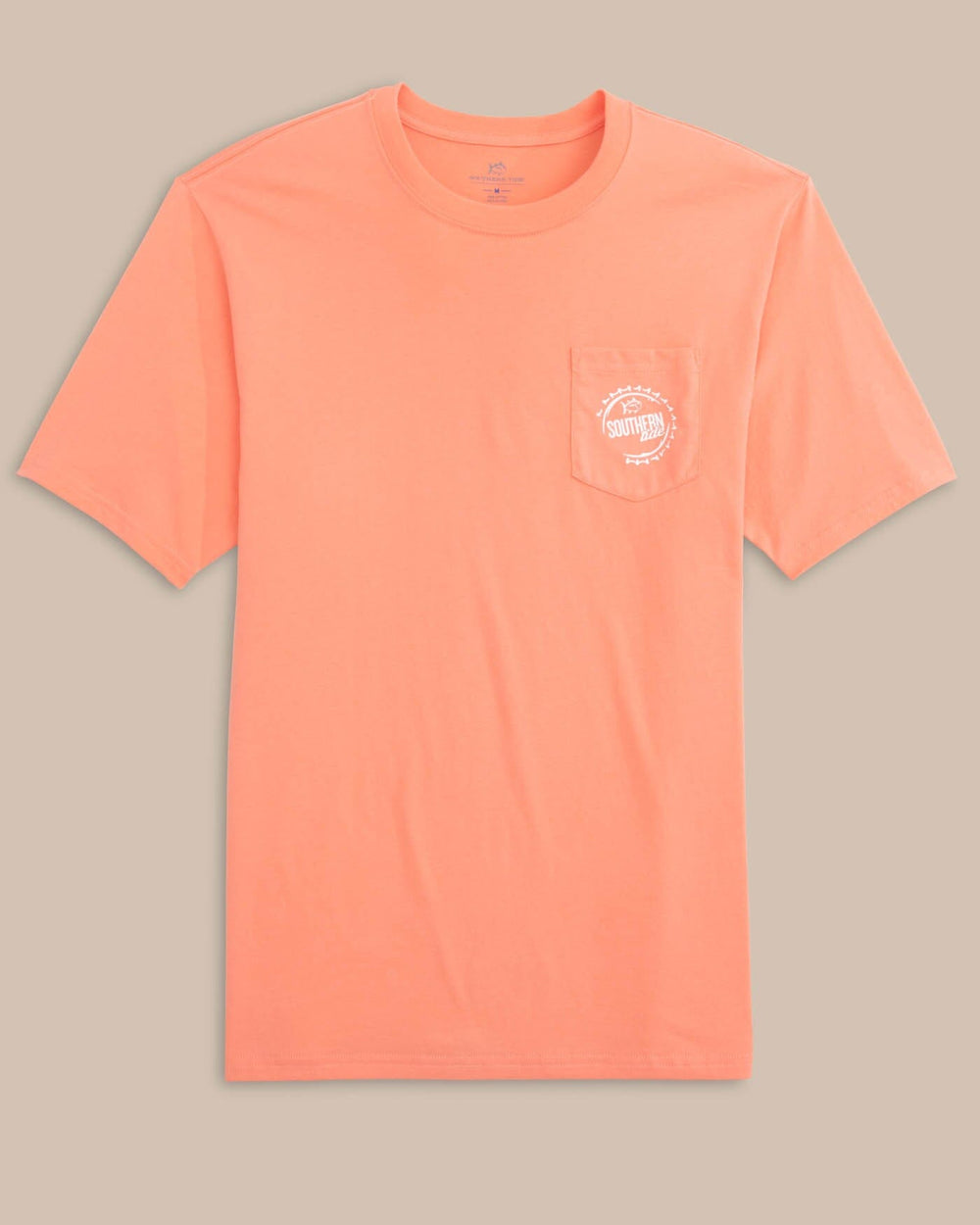 The front view of the Southern Tide Caps Off Badge Short Sleeve T-shirt by Southern Tide - Desert Flower Coral