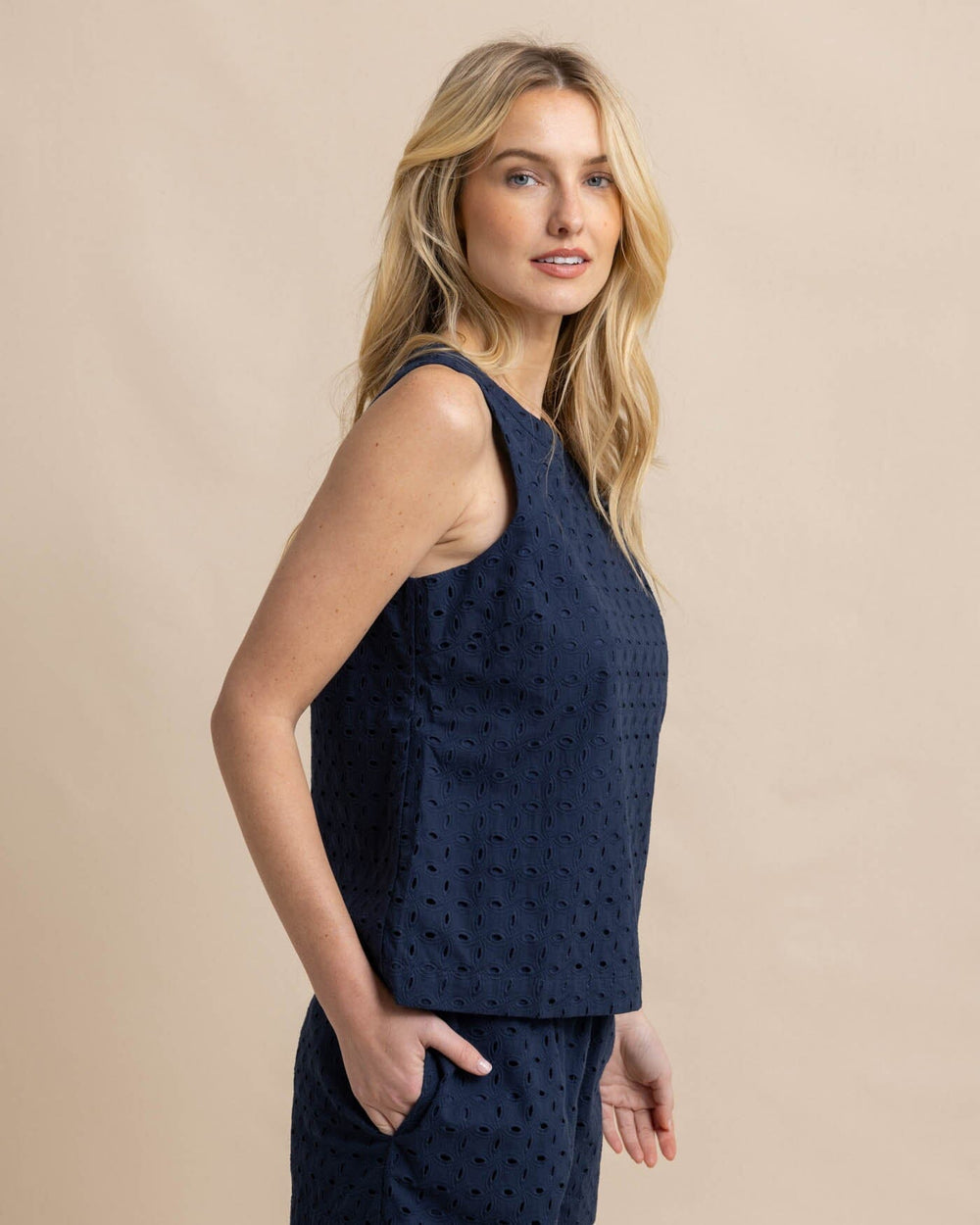 The front view of the Southern Tide Carissa Eyelet Top by Southern Tide - Dress Blue