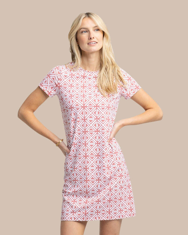 The front view of the Southern Tide Chanelle Painted Geo Performance Dress by Southern Tide - Dusty Coral