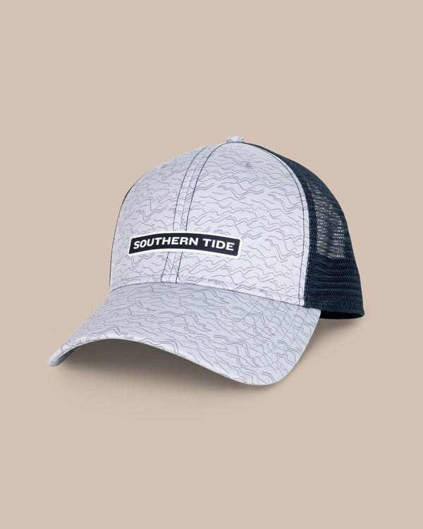 The front view of the Southern Tide Change Your Altitude Print Performance Trucker by Southern Tide - Seagull Grey