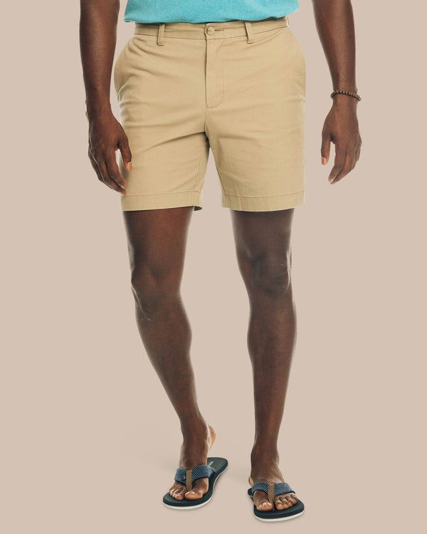 The front view of the Men's New Channel Marker 9 Inch Short by Southern Tide - Sandstone Khaki