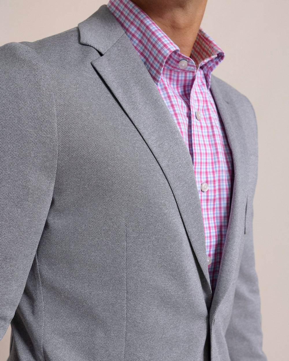 The front detail view of the Southern Tide Charleston Blazer by Southern Tide - Heather Steel Grey