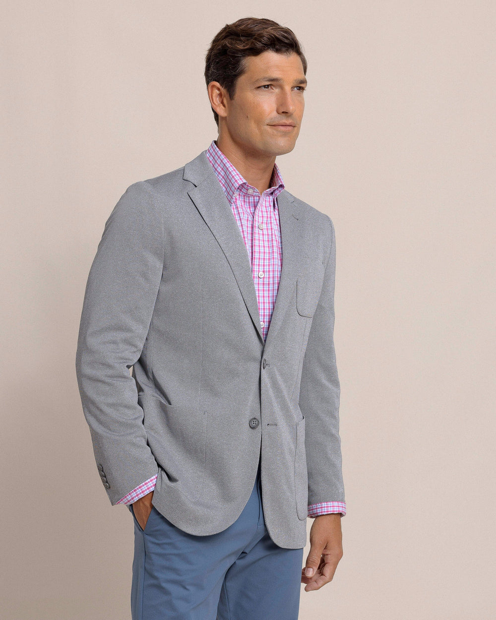 The front side view of the Southern Tide Charleston Blazer by Southern Tide - Heather Steel Grey