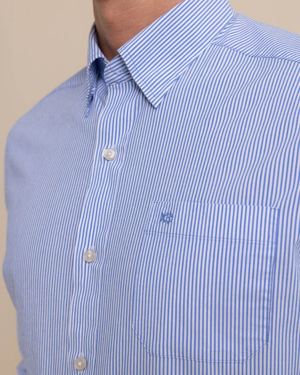 The detail view of the Southern Tide Charleston Granby Stripe Long Sleeve Sport Shirt by Southern Tide - Cobalt Blue
