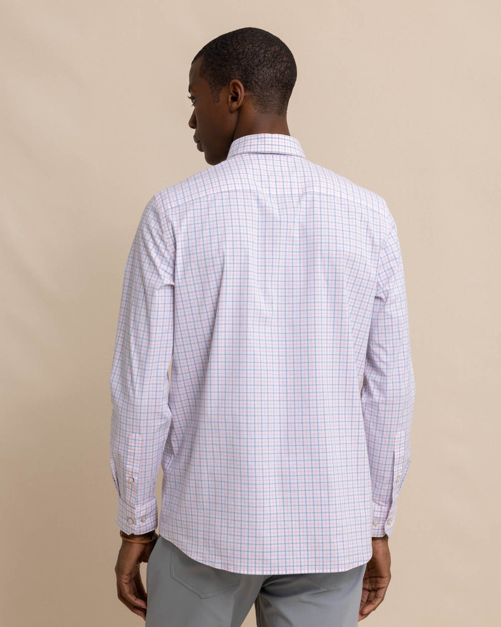 The back view of the Southern Tide Charleston Larkin Check Long Sleeve Sport Shirt by Southern Tide - Pale Rosette Pink