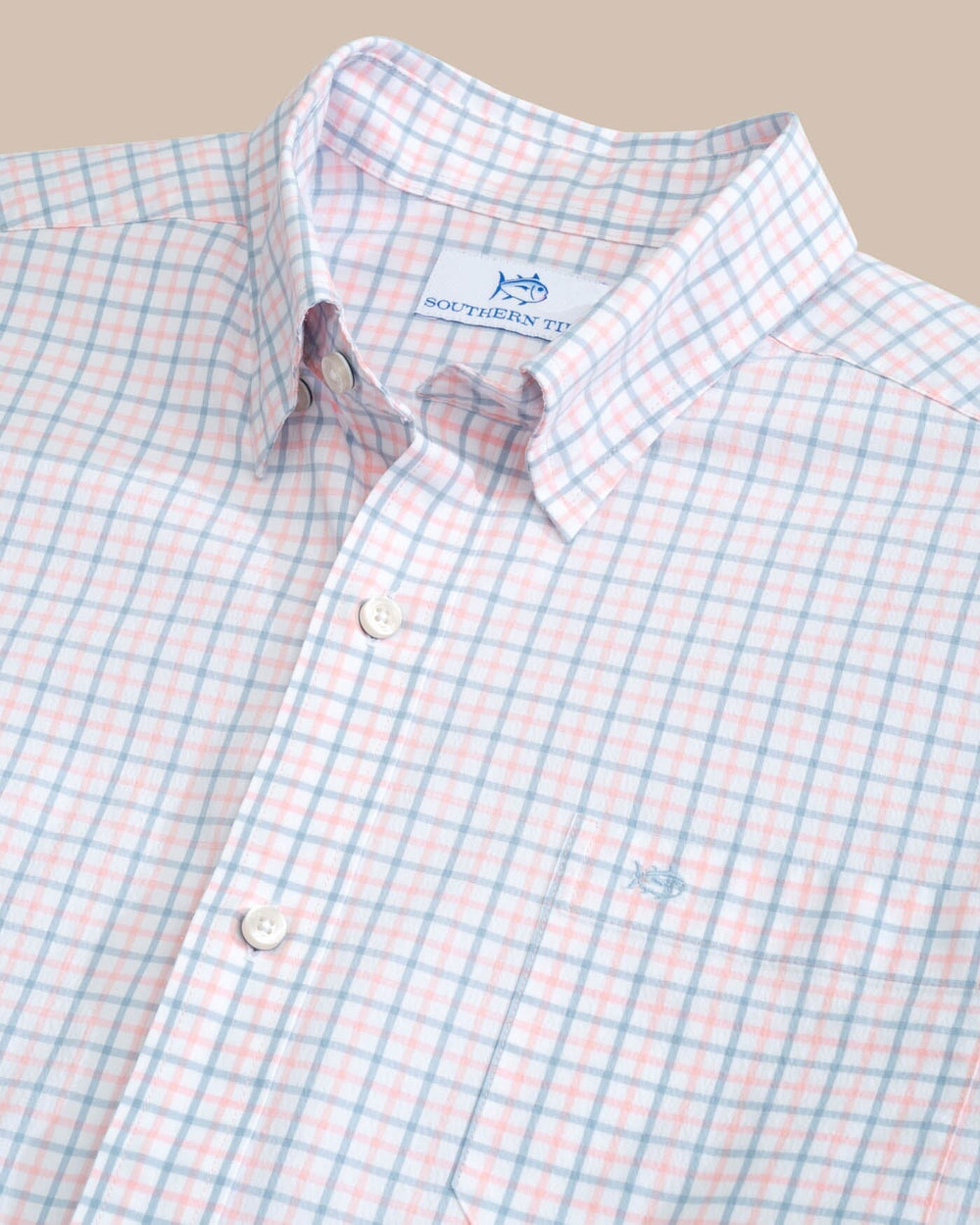 The detail view of the Southern Tide Charleston Larkin Check Long Sleeve Sport Shirt by Southern Tide - Pale Rosette Pink
