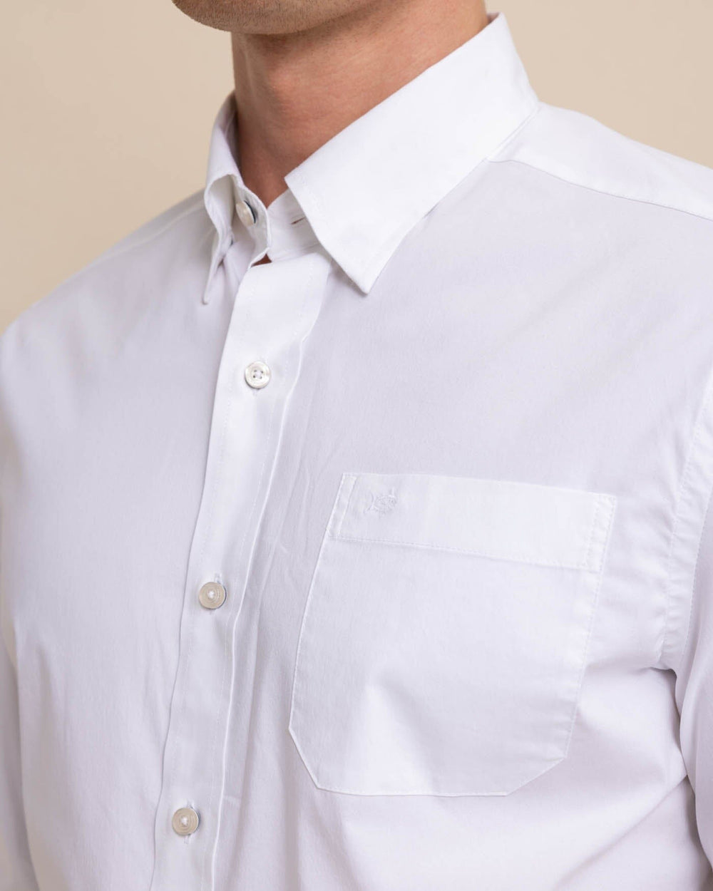 The detail view of the Southern Tide Charleston Overbrook Solid Long Sleeve Sport Shirt by Southern Tide - Classic White