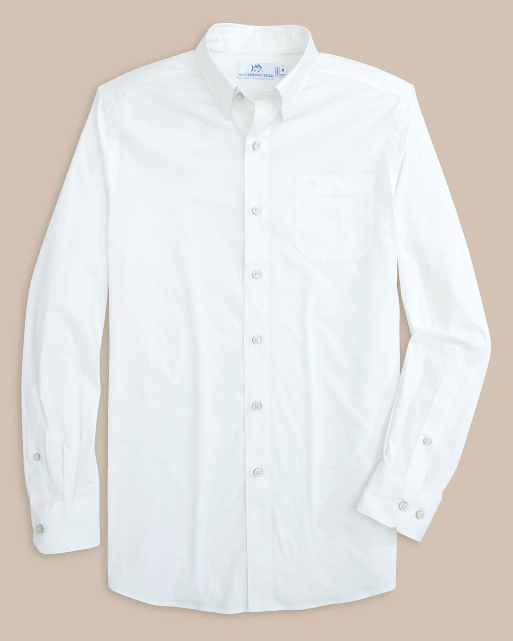 The front view of the Southern Tide Charleston Overbrook Solid Long Sleeve Sport Shirt by Southern Tide - Classic White