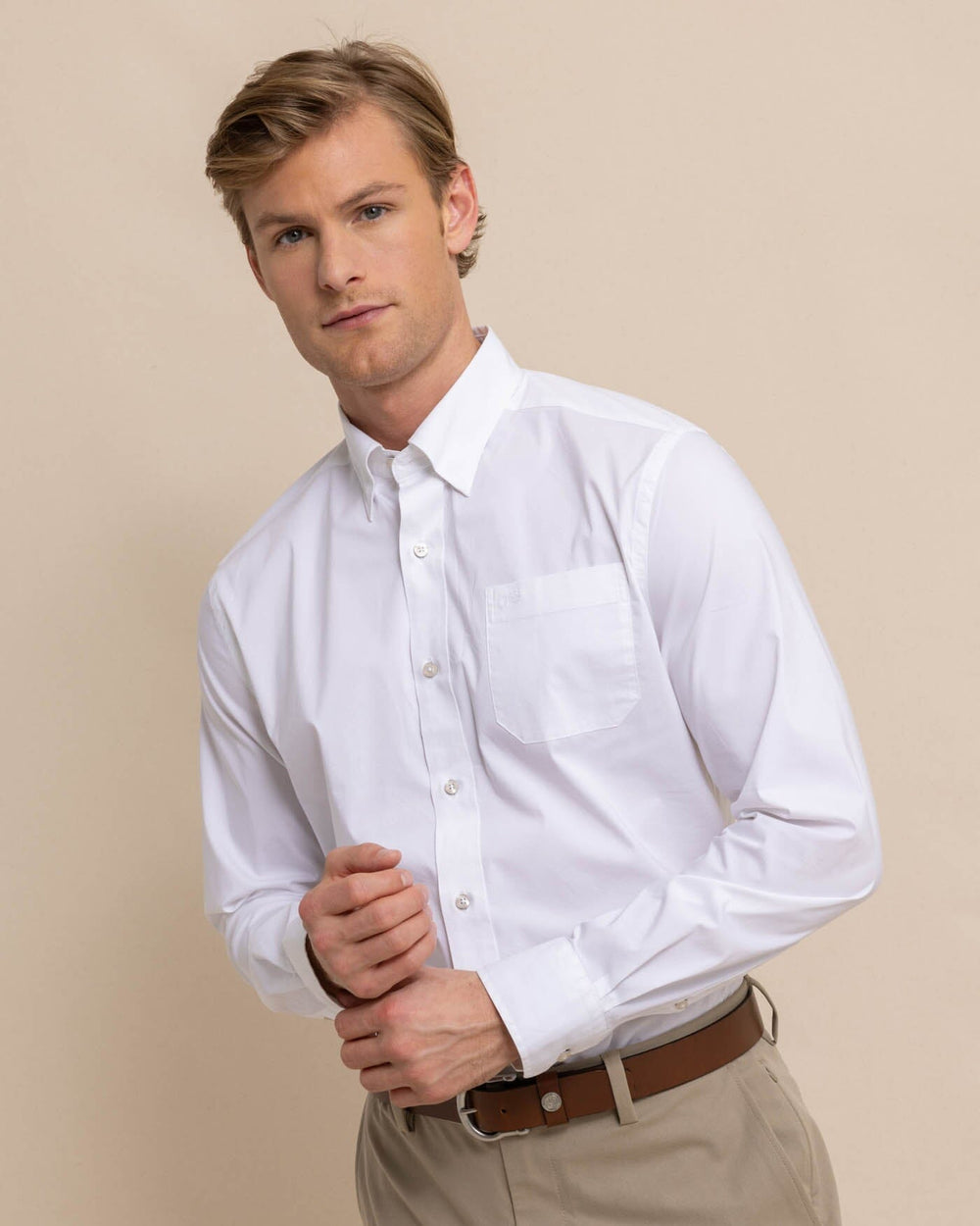 The front view of the Southern Tide Charleston Overbrook Solid Long Sleeve Sport Shirt by Southern Tide - Classic White