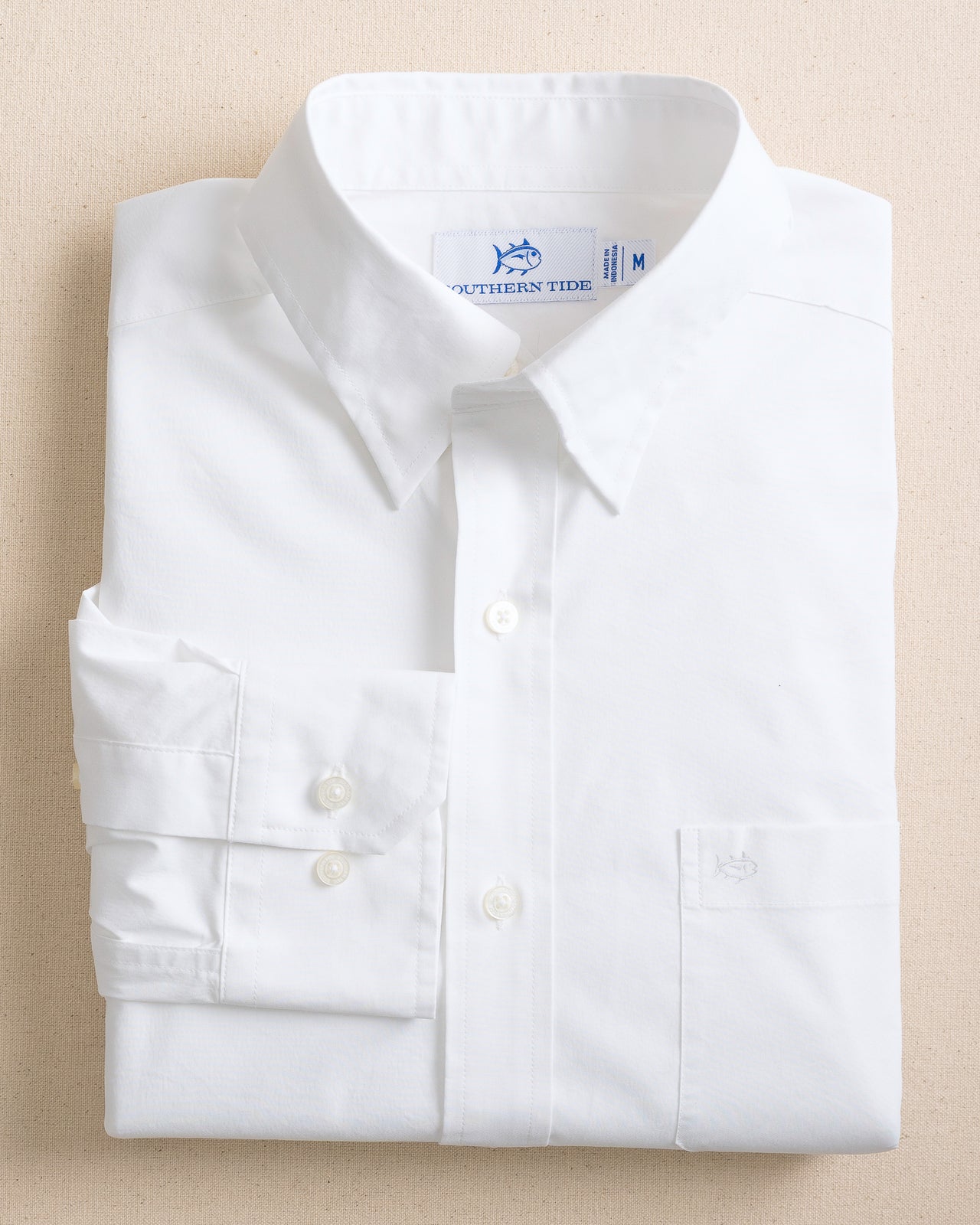 The front view of the Southern Tide Charleston Overbrook Solid Long Sleeve Sport Shirt by Southern Tide - Classic White