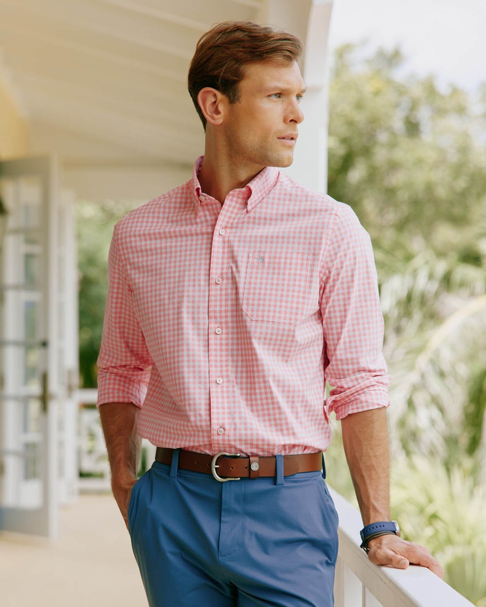 The front view of the Southern Tide Charleston Roanoke Check Long Sleeve Sport Shirt by Southern Tide - Flamingo Pink