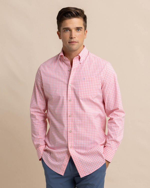 The front view of the Southern Tide Charleston Roanoke Check Long Sleeve Sport Shirt by Southern Tide - Flamingo Pink
