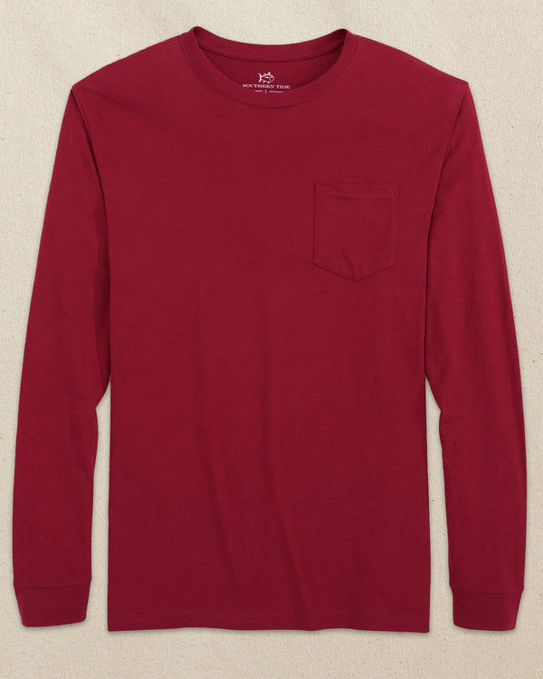 The front view of the Southern Tide Classic Long Sleeve Pocket T-Shirt in Crimson by Southern Tide - Crimson