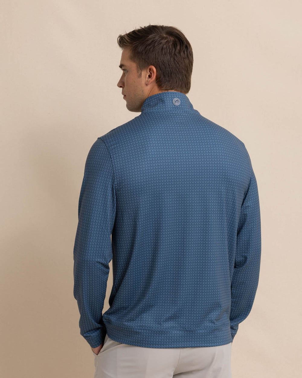 The back view of the Southern Tide Clubbin It Print Cruiser Quarter Zip by Southern Tide - Aged Denim