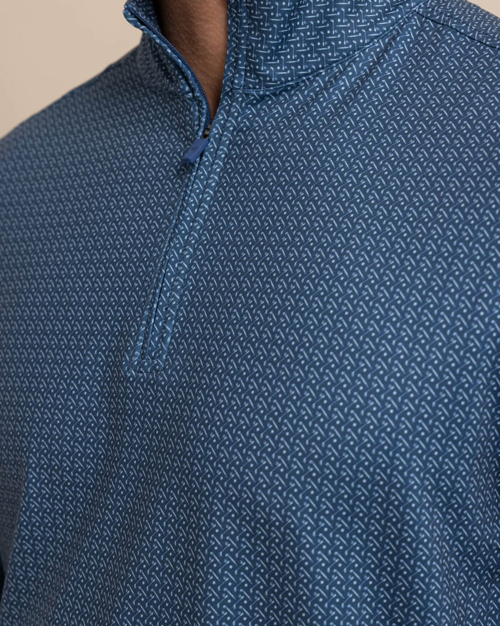 The detail view of the Southern Tide Clubbin It Print Cruiser Quarter Zip by Southern Tide - Aged Denim
