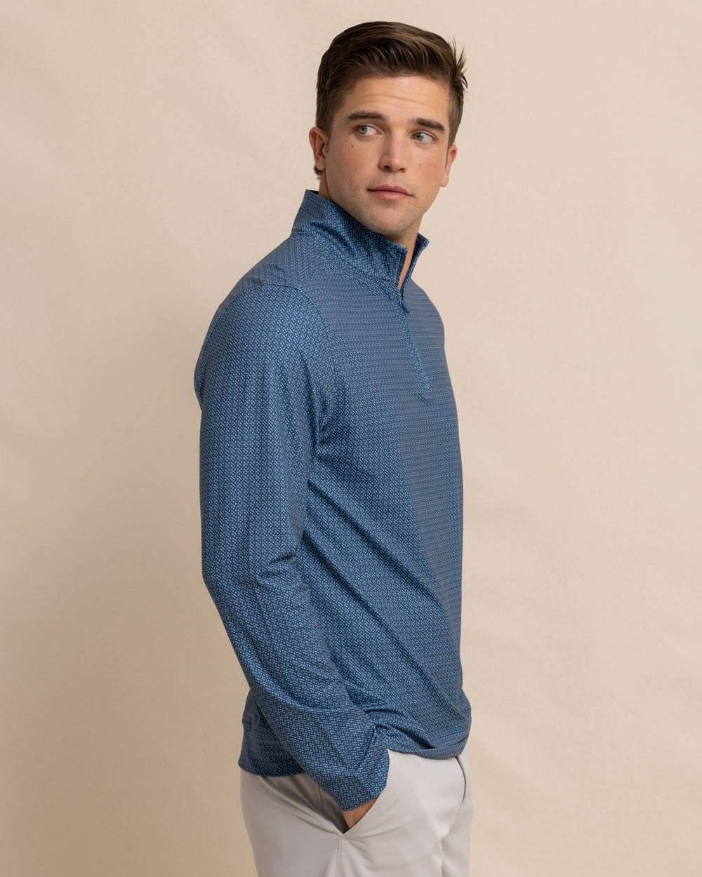 The front view of the Southern Tide Clubbin It Print Cruiser Quarter Zip by Southern Tide - Aged Denim